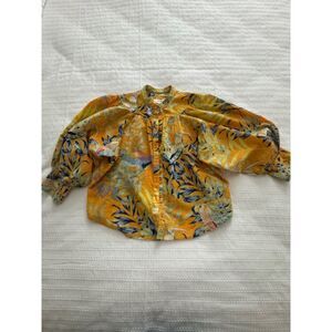 Anthropology Maeve Puff-Sleves Floral Butterfly Parrot Blouse.